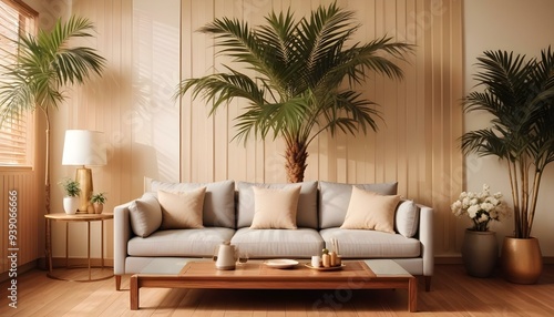 Interior mockup In a white room a blue sofa is placed next to a photo frame on the wall