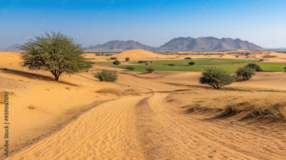 Convergence of a desert and an oasis, the stark contrast between dry sands and lush greenery Convergence of a desert and an oasis, the stark contrast between dry sands and lush greenery