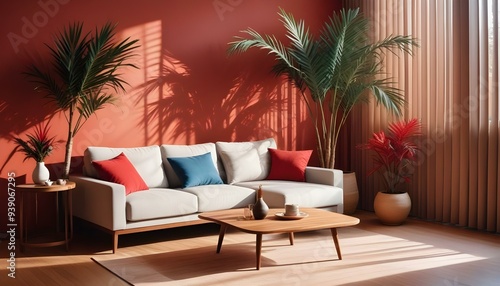 Interior mockup In a white room a blue sofa is placed next to a photo frame on the wall