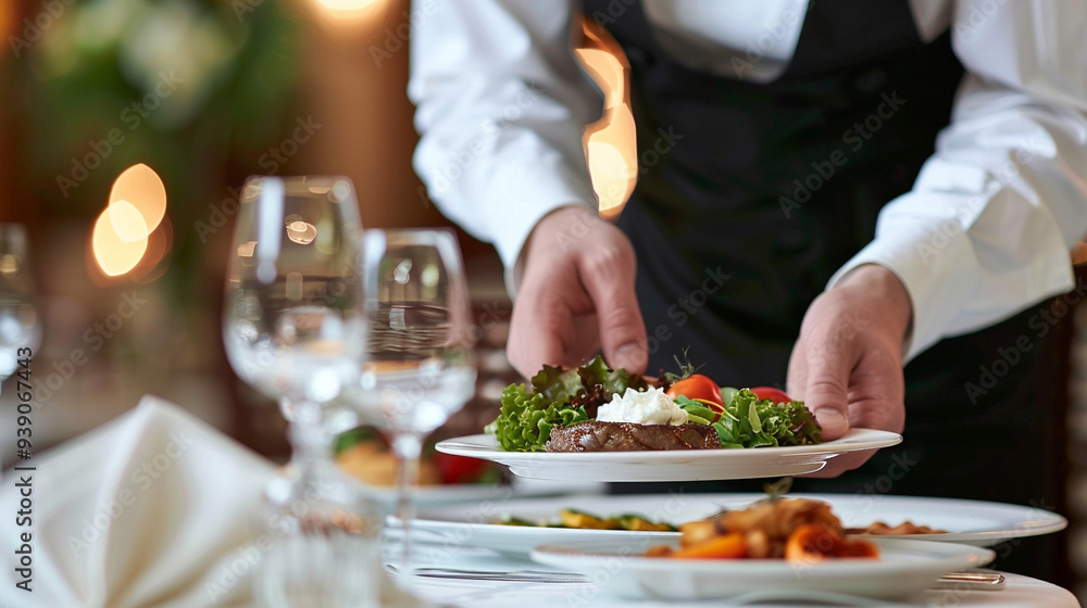 A close-up of a waiter's hands setting a plate of food on a table A close-up of a waiter's hands setting a plate of food on a table