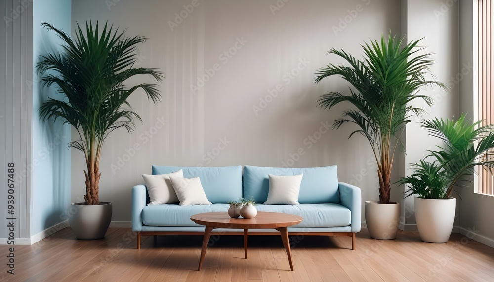 Interior mockup In a white room a blue sofa is placed next to a photo frame on the wall Interior mockup In a white room a blue sofa is placed next to a photo frame on the wall