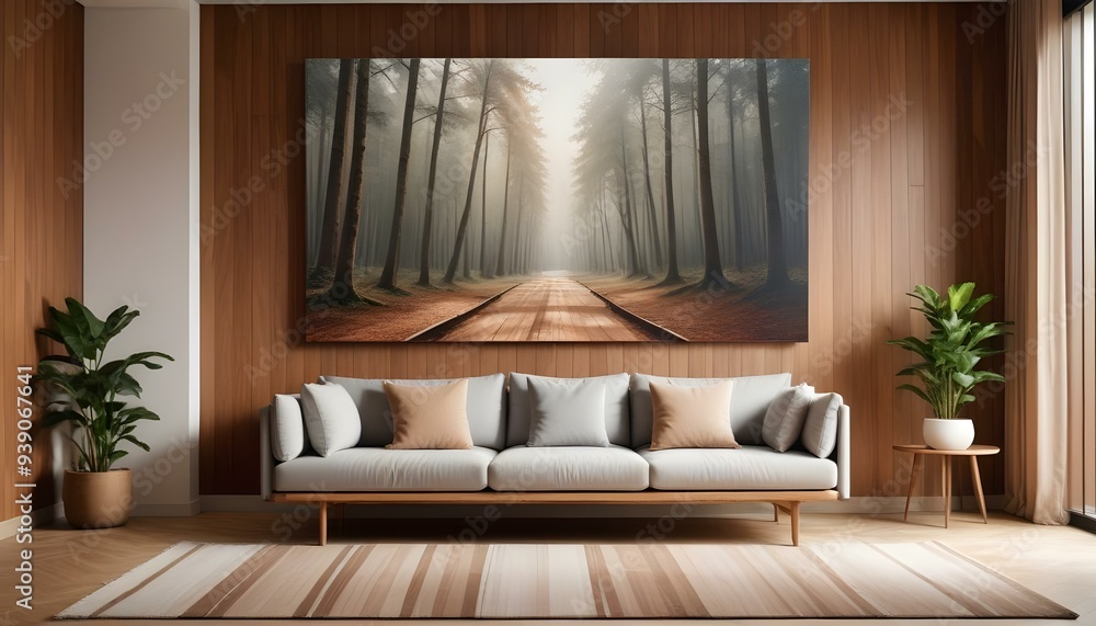 Interior mockup In a white room a blue sofa is placed next to a photo frame on the wall Interior mockup In a white room a blue sofa is placed next to a photo frame on the wall