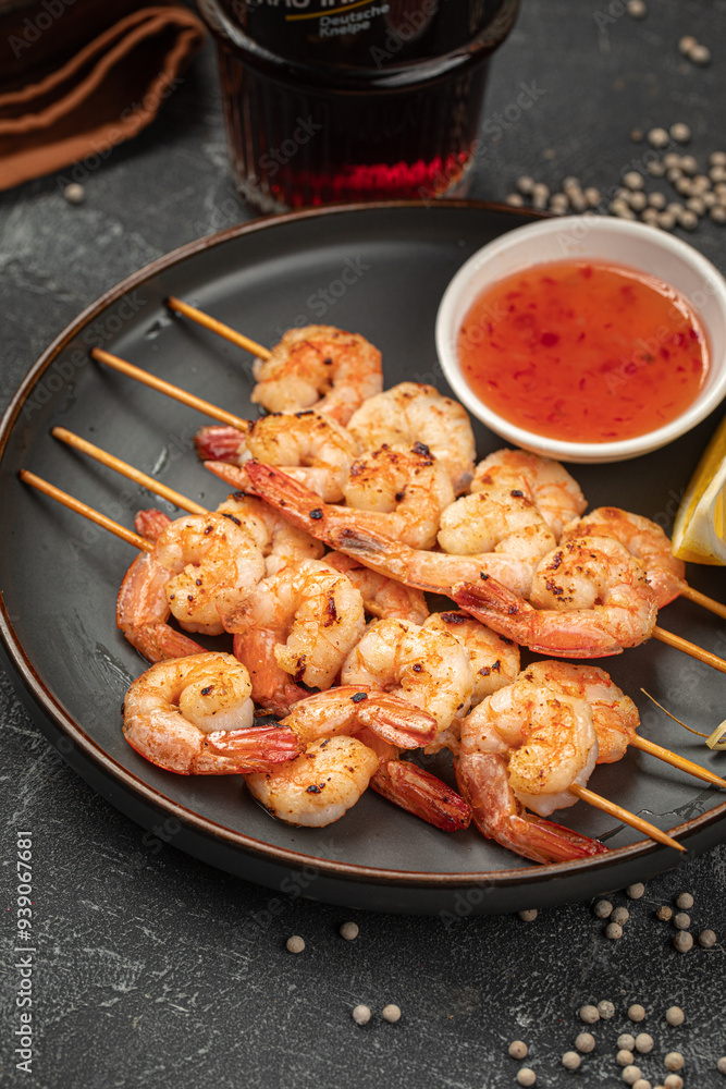 Portion of shrimp skewers with sweet and sour sauce Portion of shrimp skewers with sweet and sour sauce