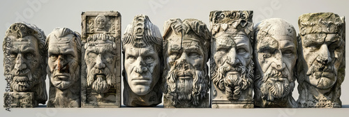A set of weathered stone statues, depicting figures from mythology or legend, their features eroded by time.