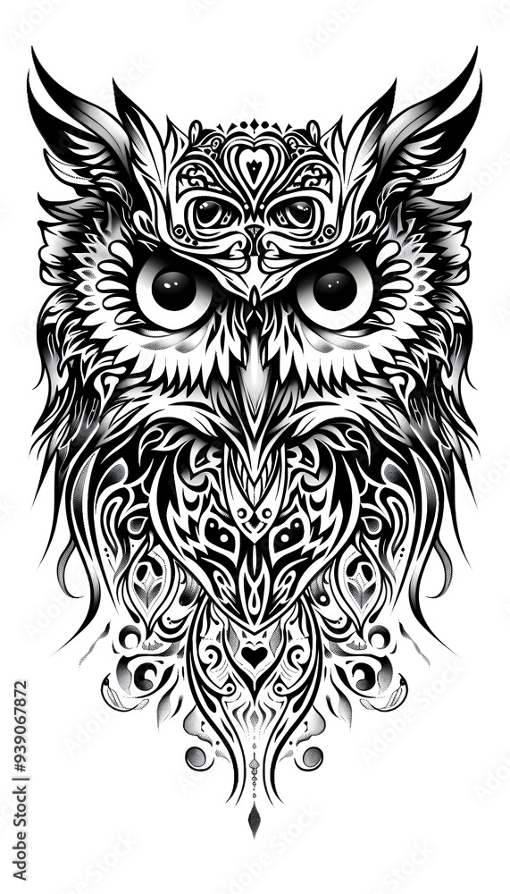 Fototapeta premium Tribal Owl Tattoo black and white illustration
