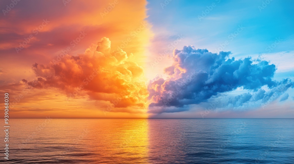 Fototapeta premium Convergence of dawn and dusk, a sky split between the colors of sunrise and sunset