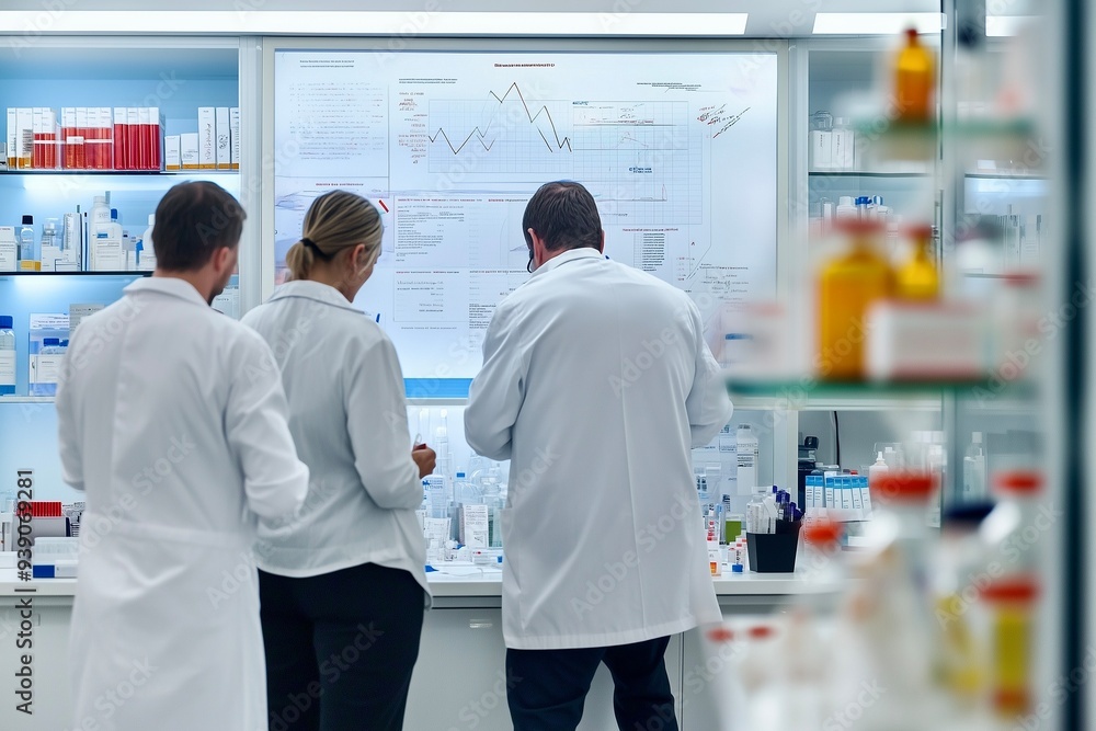 Obraz premium Pharmaceutical company office with executives discussing drug development.
