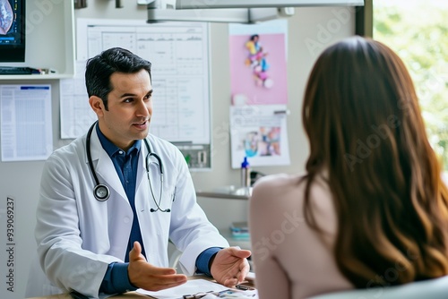 Patient room with a doctor explaining a treatment plan to a patient.