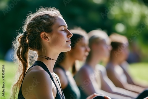 Outdoor yoga class, participants breathing deeply under the sun.