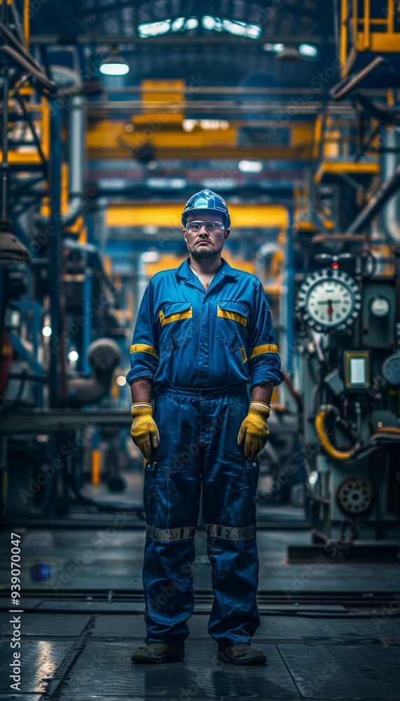 Factory worker in blue safety gear in modern industrial setting with dynamic lighting Factory worker in blue safety gear in modern industrial setting with dynamic lighting