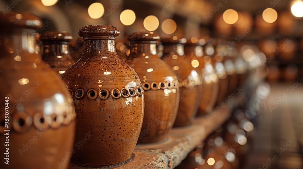 A close-up of a row of traditional pottery jars on a wooden shelf. A close-up of a row of traditional pottery jars on a wooden shelf.