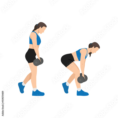 Woman doing b stance Romanian deadlift with dumbbell for glute exercise. Flat vector illustration isolated on white background photo