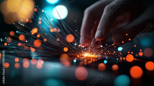 Hand Touching Fiber Optic Lights Technology Innovation Network