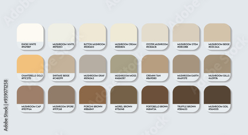 Mushroom Color Palette, Mushrooms brown Color Guide Palette with Color Names. Catalog Samples of brown Metal colors with RGB HEX codes. cladding sheet cream colour, Fashion Trend Mushroom Color tones