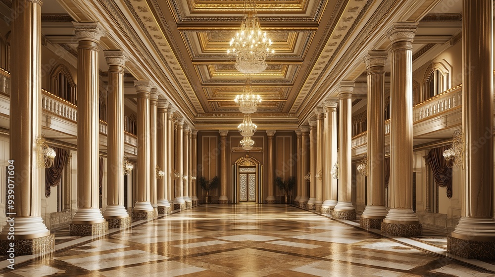 A grand ballroom with a polished marble floor, towering columns A grand ballroom with a polished marble floor, towering columns