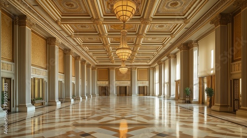 A grand ballroom with a polished marble floor, towering columns