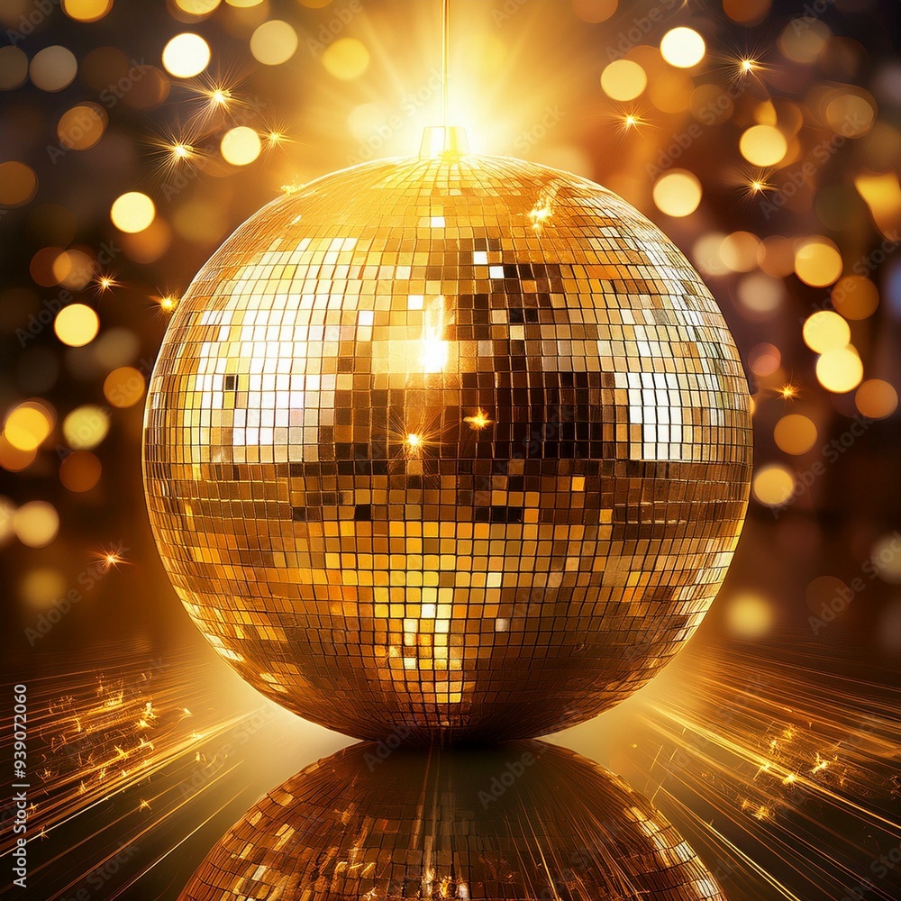 Obraz premium disco ball with lights,golden disco ball,Sparkling Lights Dance on a Gold Disco Ball