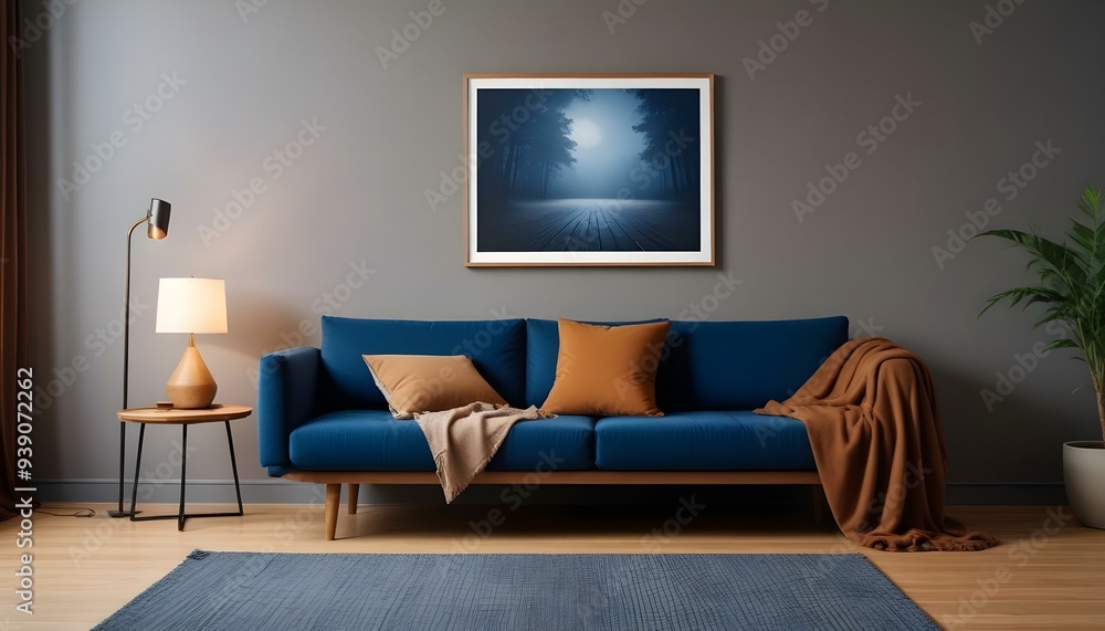 Interior mockup In a white room a blue sofa is placed next to a photo frame on the wall Interior mockup In a white room a blue sofa is placed next to a photo frame on the wall