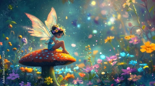 Fairy Sitting on a Mushroom in a Magical Forest photo