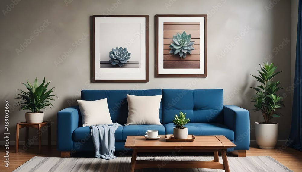 Interior mockup In a white room a blue sofa is placed next to a photo frame on the wall Interior mockup In a white room a blue sofa is placed next to a photo frame on the wall