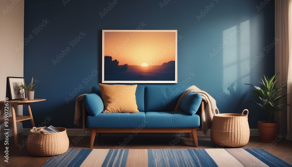 Interior mockup In a white room a blue sofa is placed next to a photo frame on the wall Interior mockup In a white room a blue sofa is placed next to a photo frame on the wall