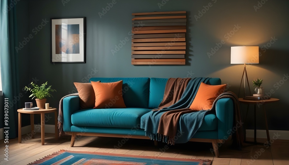 Interior mockup In a white room a blue sofa is placed next to a photo frame on the wall Interior mockup In a white room a blue sofa is placed next to a photo frame on the wall