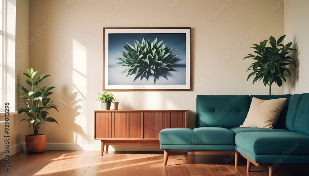 Interior mockup In a white room a blue sofa is placed next to a photo frame on the wall Interior mockup In a white room a blue sofa is placed next to a photo frame on the wall