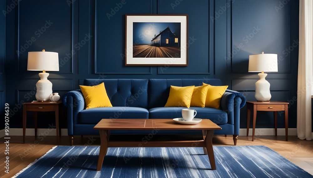 Interior mockup In a white room a blue sofa is placed next to a photo frame on the wall Interior mockup In a white room a blue sofa is placed next to a photo frame on the wall