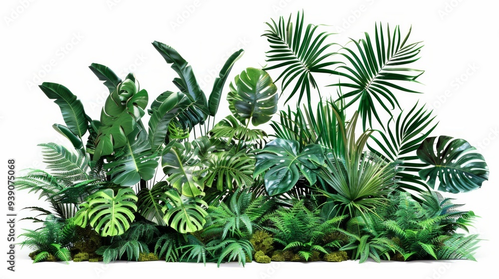 Lush green tropical plants bush (monstera, palm, rubber plant, pine and fern), AI Generative Lush green tropical plants bush (monstera, palm, rubber plant, pine and fern), AI Generative