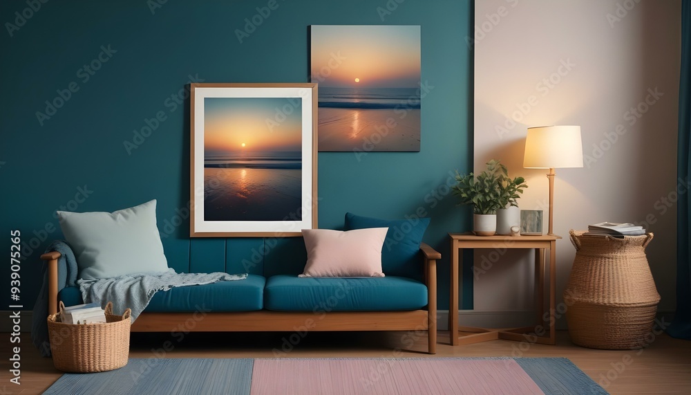 Interior mockup In a white room a blue sofa is placed next to a photo frame on the wall Interior mockup In a white room a blue sofa is placed next to a photo frame on the wall