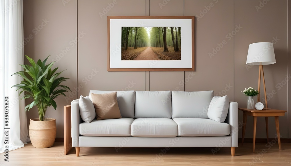Interior mockup In a white room a blue sofa is placed next to a photo frame on the wall Interior mockup In a white room a blue sofa is placed next to a photo frame on the wall