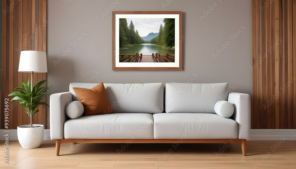 Interior mockup In a white room a blue sofa is placed next to a photo frame on the wall Interior mockup In a white room a blue sofa is placed next to a photo frame on the wall