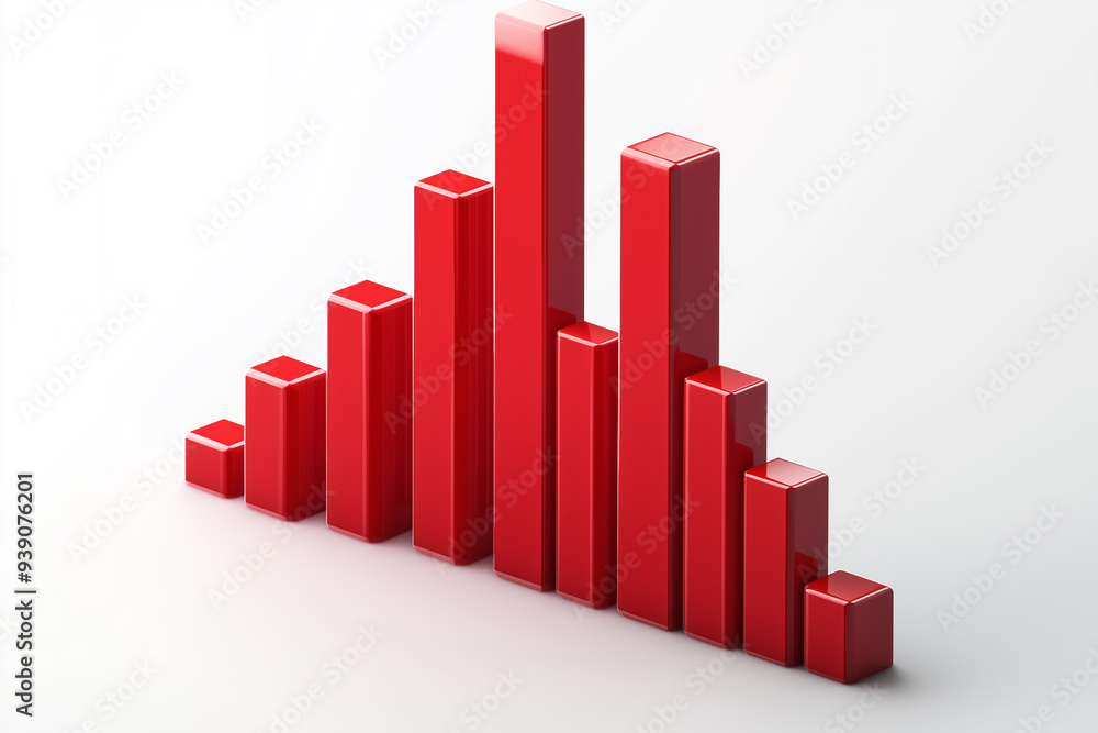 3D bar chart with bright red bars of different heights 3D bar chart with bright red bars of different heights