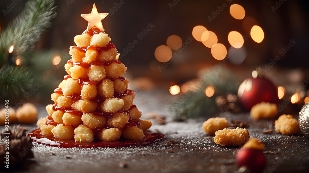 Crispy Festive Joy: Christmas Tree Made of Fries with Ketchup Crispy Festive Joy: Christmas Tree Made of Fries with Ketchup