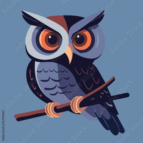 Wise Owl Perched On Branch Wildlife Bird Animal Background Illustration Design Graphic Colorful Detailed Cartoon Style Avatar Icon Logo Mascot Emblem Symbol Character Branding photo