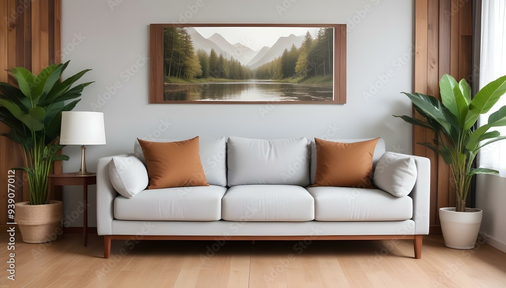 Interior mockup In a white room a blue sofa is placed next to a photo frame on the wall Interior mockup In a white room a blue sofa is placed next to a photo frame on the wall