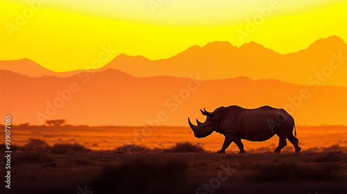 silhouette of a rhino walking under the twilight sky, the background is a vast desert with mountains in the distance, Ai generated Images