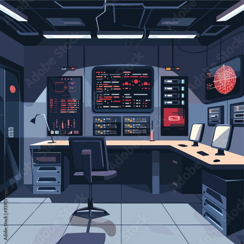 Empty Futuristic Control Room Monitoring Center Workstation Desk Computer Screen Digital Interface System Technology Data Analysis Background