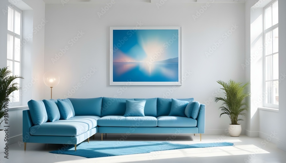 Interior mockup In a white room a blue sofa is placed next to a photo frame on the wall Interior mockup In a white room a blue sofa is placed next to a photo frame on the wall