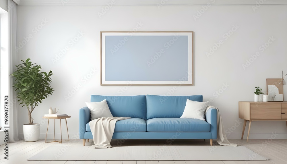Interior mockup In a white room a blue sofa is placed next to a photo frame on the wall Interior mockup In a white room a blue sofa is placed next to a photo frame on the wall