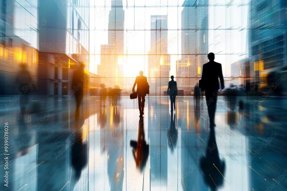 Blurred business people walking in office with skyscraper in background Blurred business people walking in office with skyscraper in background