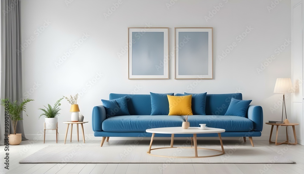 Interior mockup In a white room a blue sofa is placed next to a photo frame on the wall Interior mockup In a white room a blue sofa is placed next to a photo frame on the wall