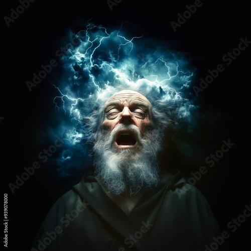 An artistic illustration of King Lear in the rain, with a maddening expression and lightning behind, symbolizing emotional turmoil and intense contemplation.