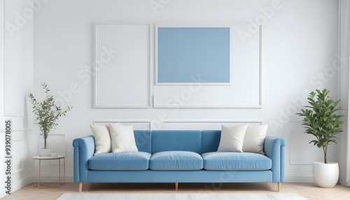 Interior mockup In a white room a blue sofa is placed next to a photo frame on the wall