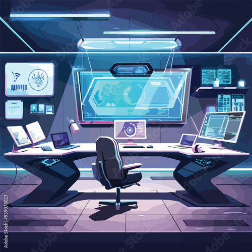 Futuristic Workplace Office Interior Computers Monitors Technology Workspace Empty Nobody Background Digital Art Illustration