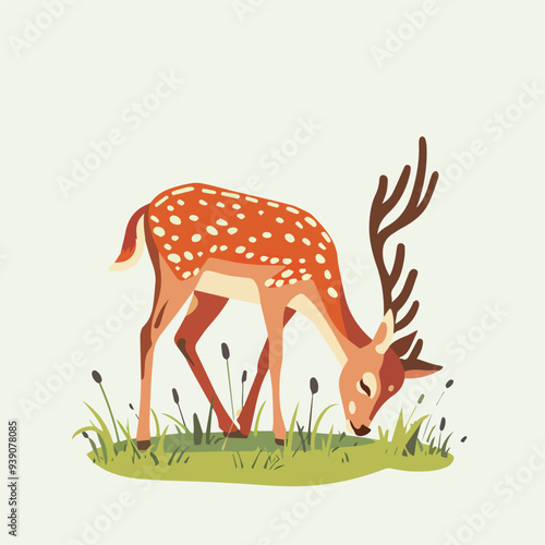 Young deer with antlers grazing in meadow wild animal stag male fauna mammal nature wildlife herbivore buck zoo forest reindeer pasture woodland antlers hooves spotted mammal grazing pasture wildlife