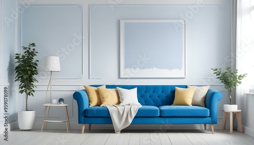 Interior mockup In a white room a blue sofa is placed next to a photo frame on the wall