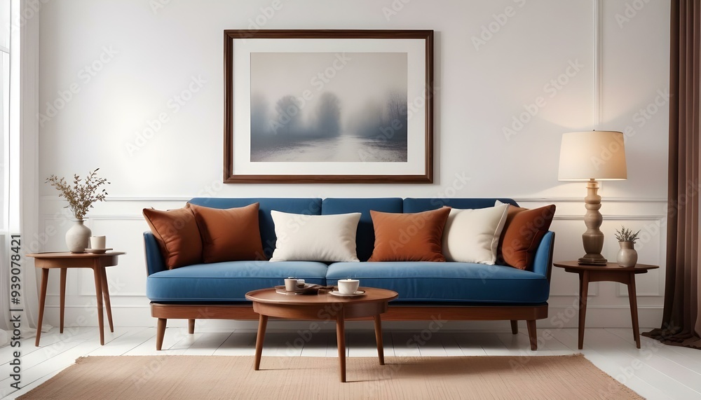 Interior mockup In a white room a blue sofa is placed next to a photo frame on the wall Interior mockup In a white room a blue sofa is placed next to a photo frame on the wall