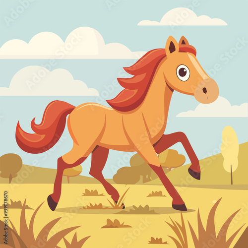 Cute cartoon horse running yellow grass blue sky background animals illustration nature wildlife mammal fauna design wild countryside field farm landscape meadow pasture grazing domestic stallion