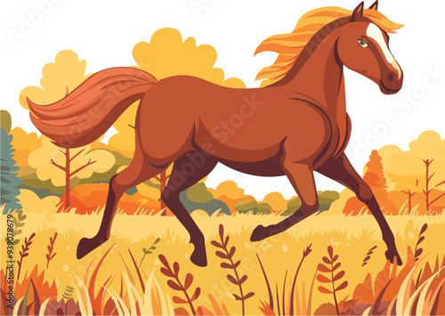 Running horse autumn landscape illustration brown stallion galloping yellow grass forest trees colorful foliage wild animal wildlife nature background design element isolated